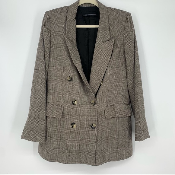 Zara Brown Checked Micro Plaid Double Breasted Overszied Blazer Size M - Picture 3 of 10
